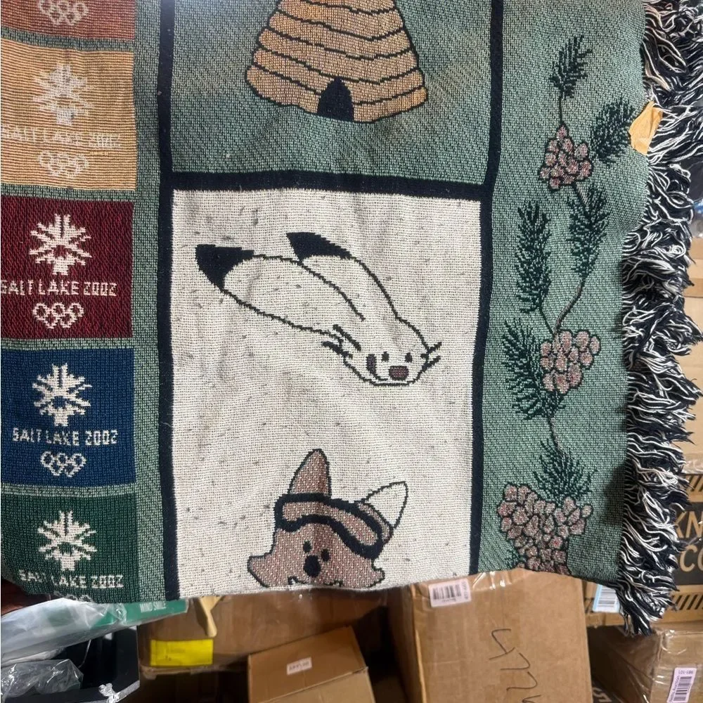 Salt Lake 2002 Olympic Commemorative Throw Blanket - Green, Blue, Cream